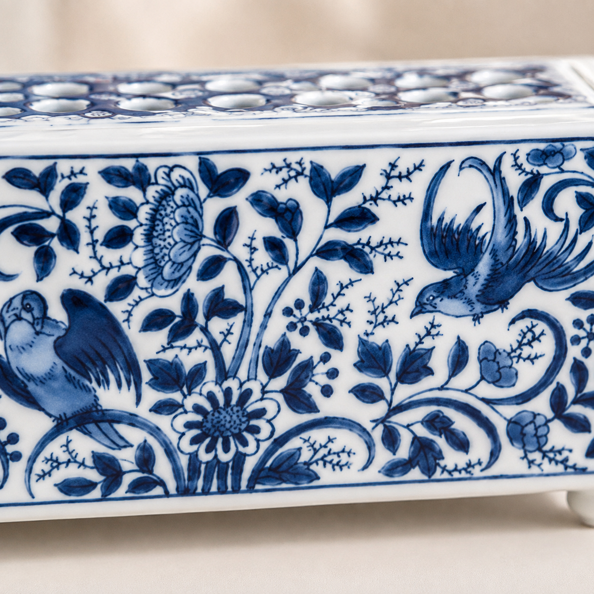 Blue & White Bird & Floral Porcelain Flower Arranger