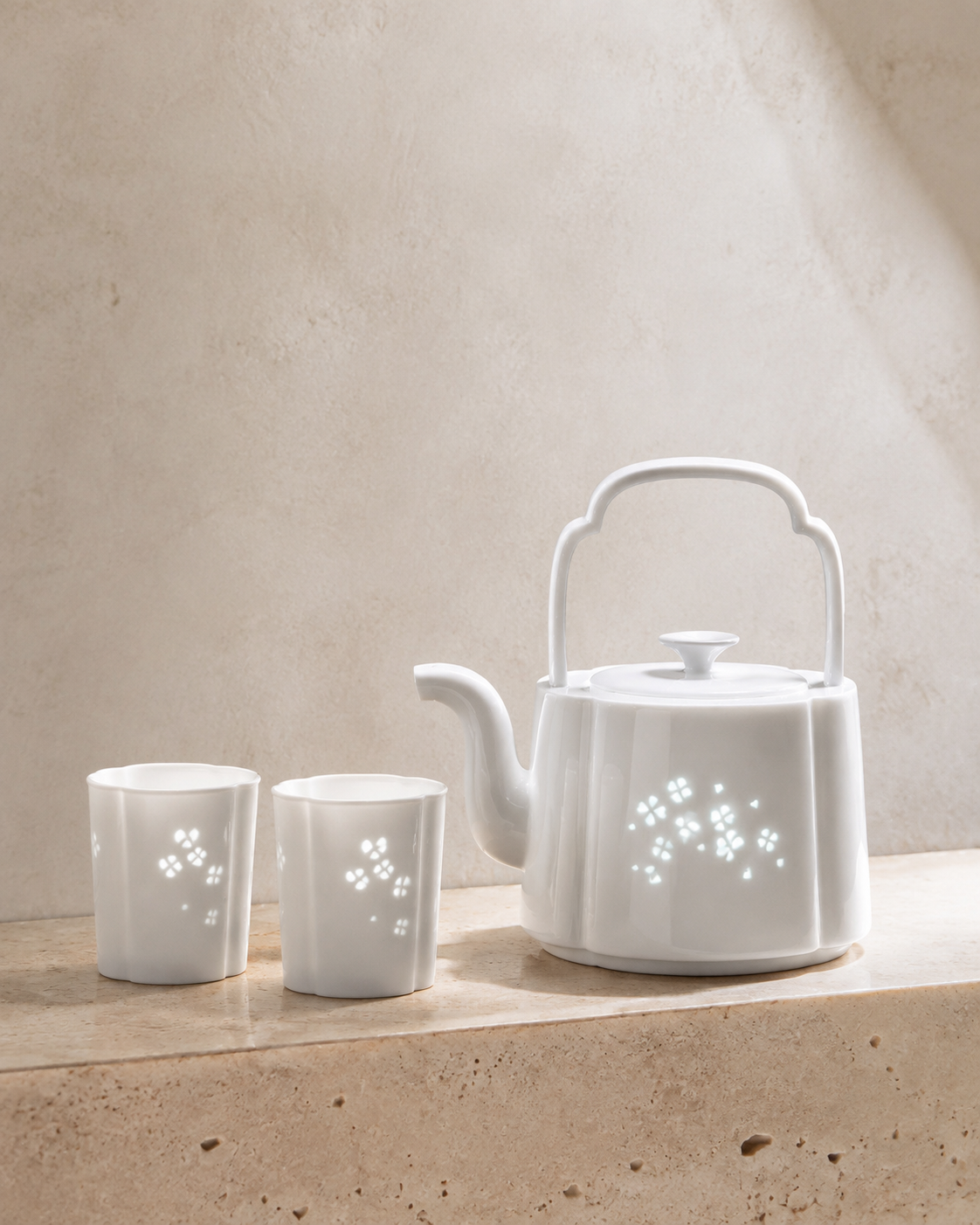 White Begonia Blossom Linglong Jingdezhen Porcelain Tea Set