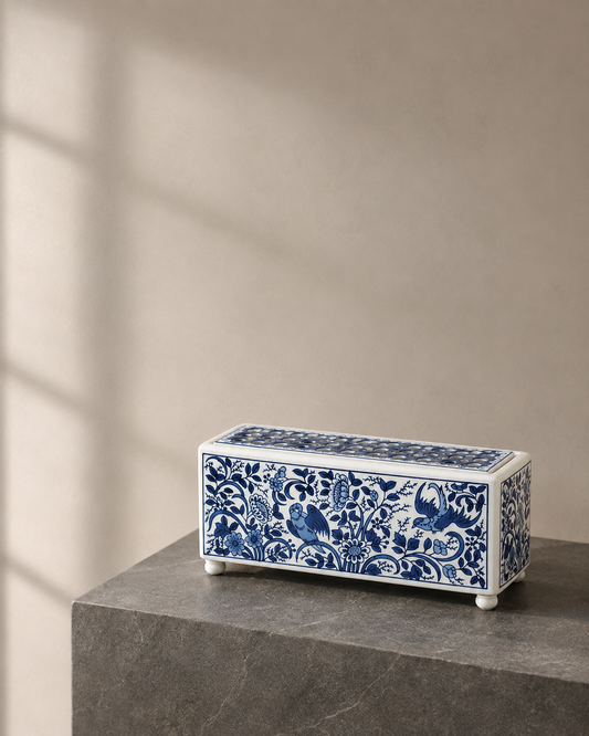 Blue & White Bird & Floral Porcelain Flower Arranger