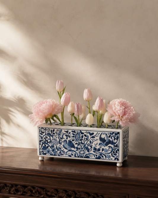 Blue & White Bird & Floral Porcelain Flower Arranger