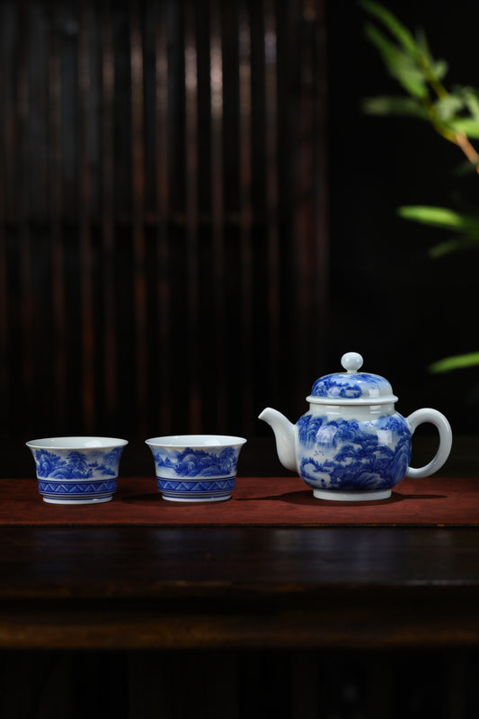 Jingdezhen Blue & White Landscape Teapot Set with Two Teacups
