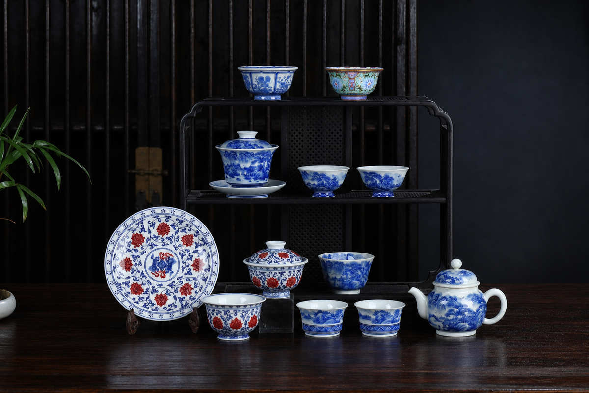 Hand-painted Jingdezhen tea ware arranged in a dark gallery setting