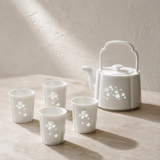 White Begonia Blossom Linglong Jingdezhen Porcelain Tea Set